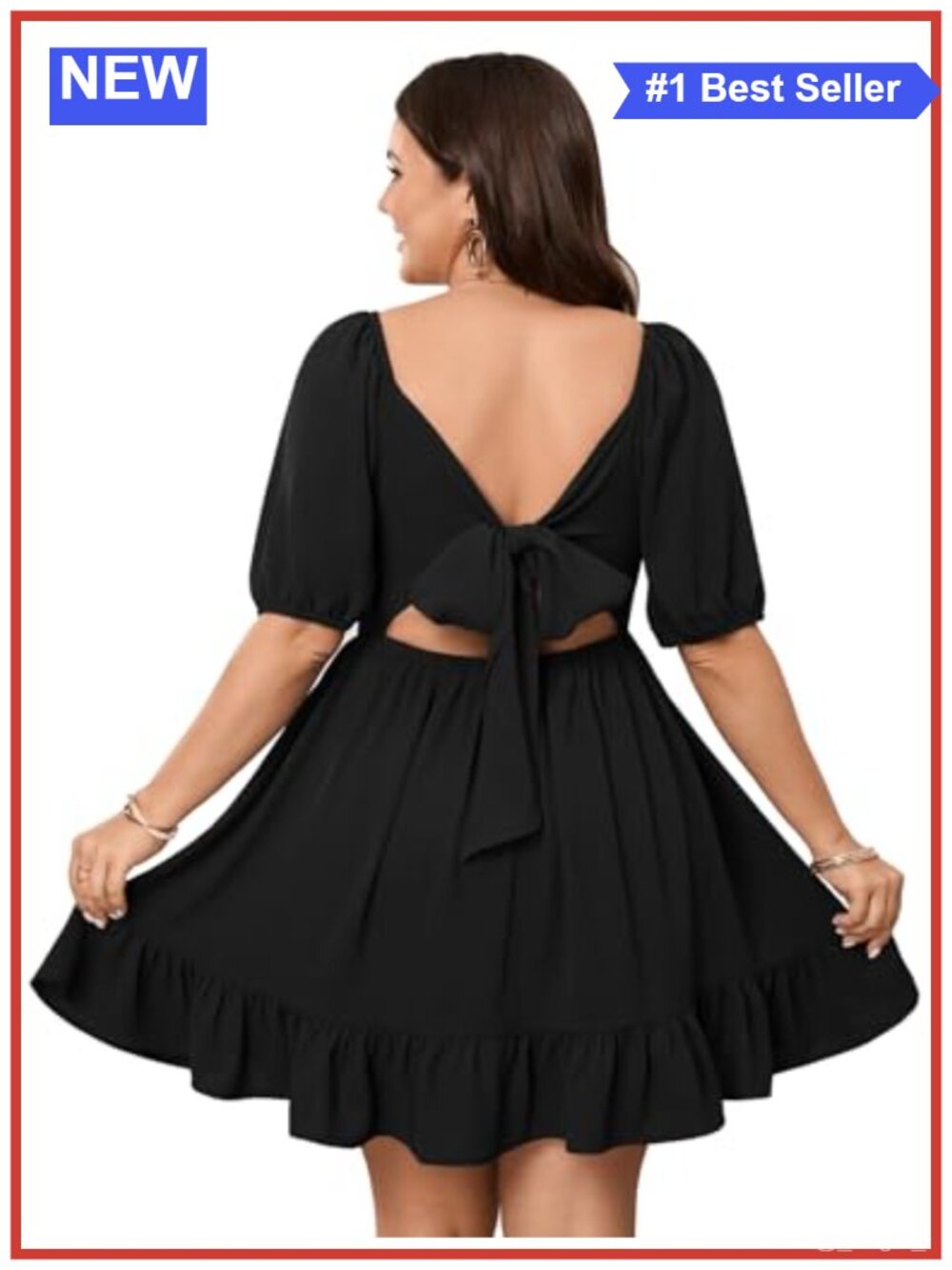 Plus Size Summer Mini Dress Square Neck Puff Sleeve Smocked Tie Back Sundress